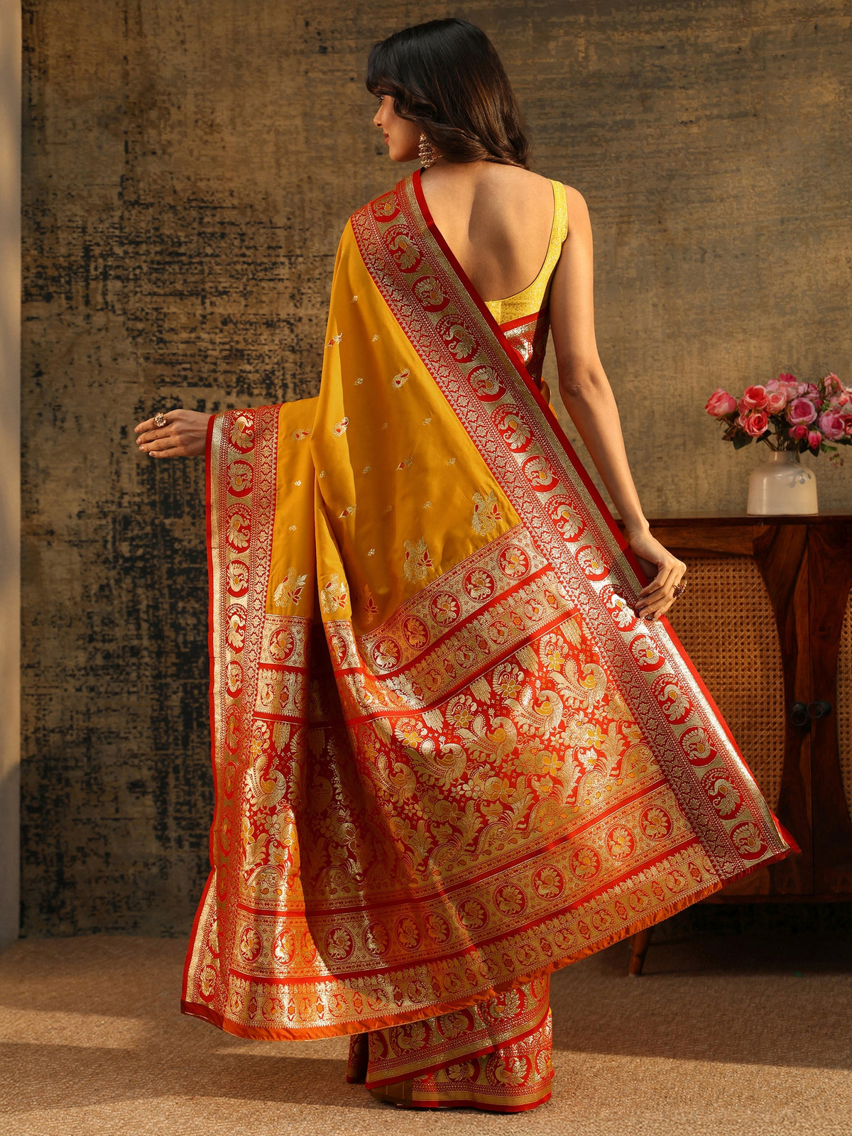 Anouk Mustard Floral Woven Silk Blend Saree