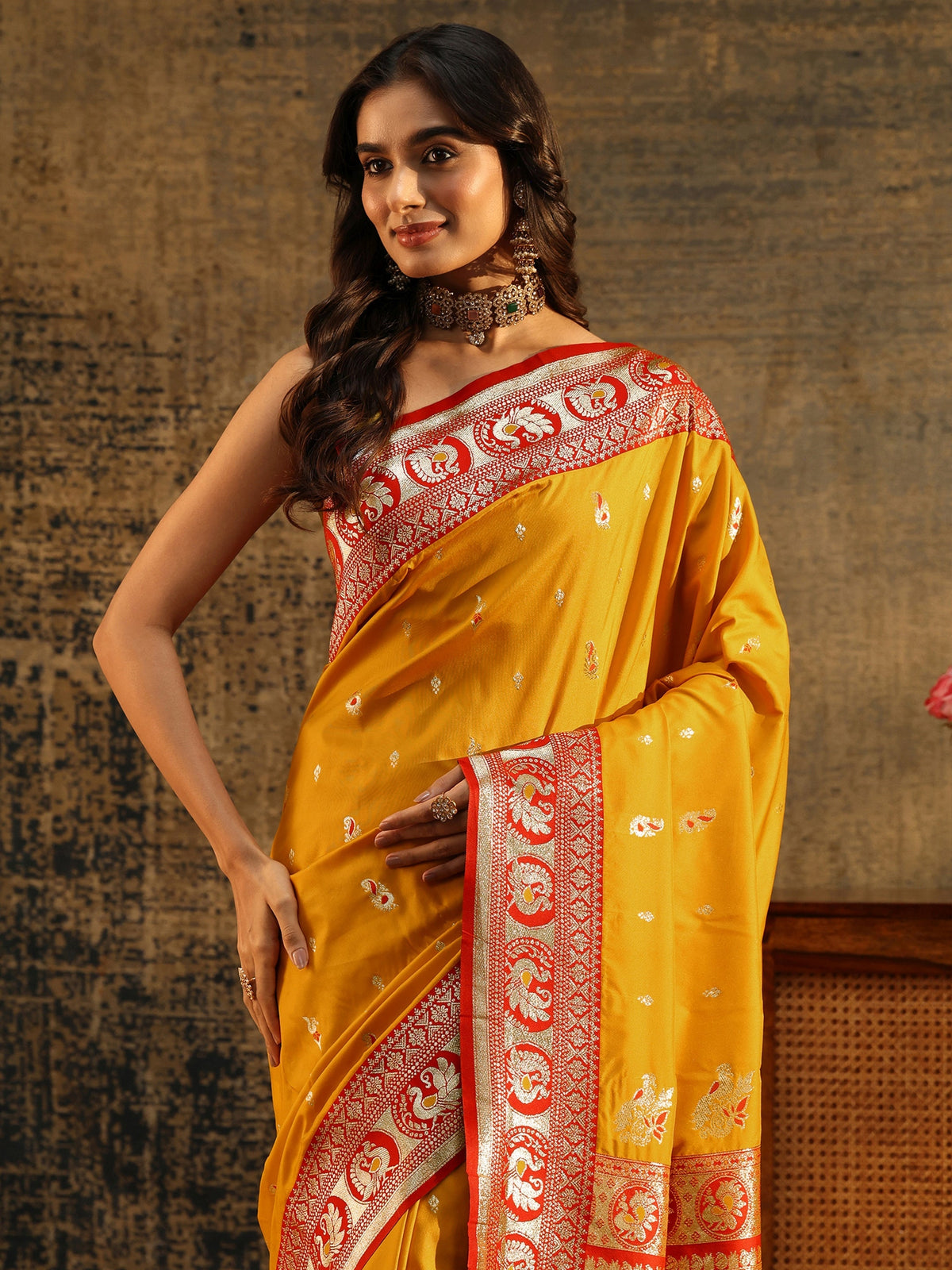 Anouk Mustard Floral Woven Silk Blend Saree