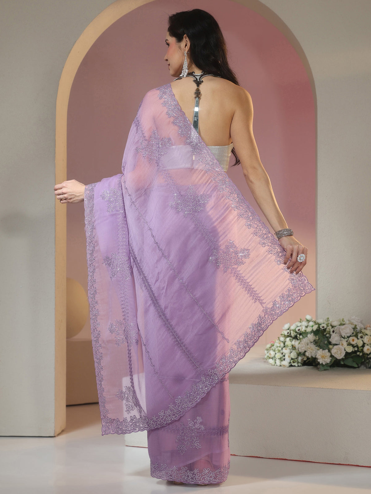 Anouk Lavender Floral Embellished Silk Blend Saree