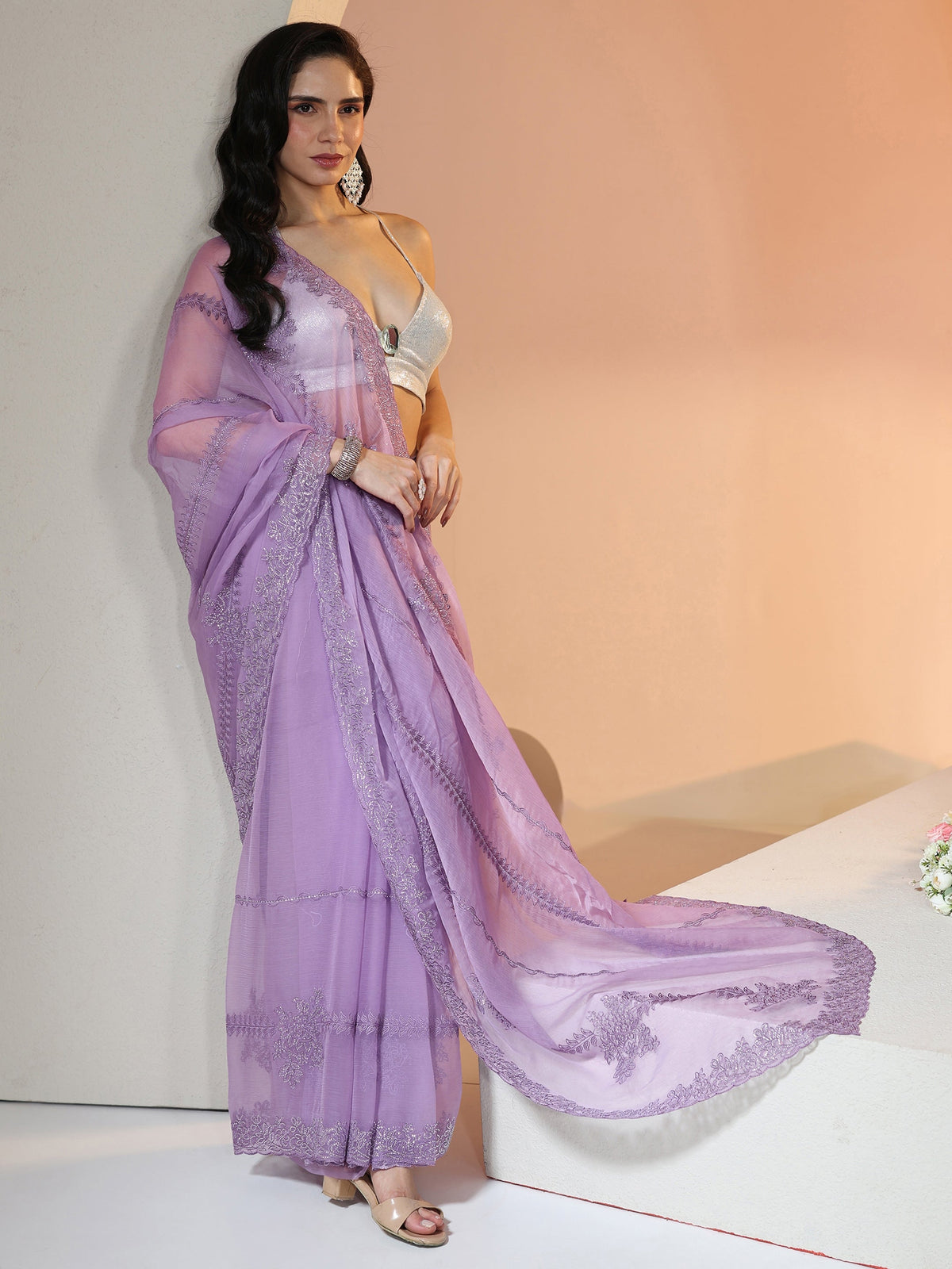 Anouk Lavender Floral Embellished Silk Blend Saree