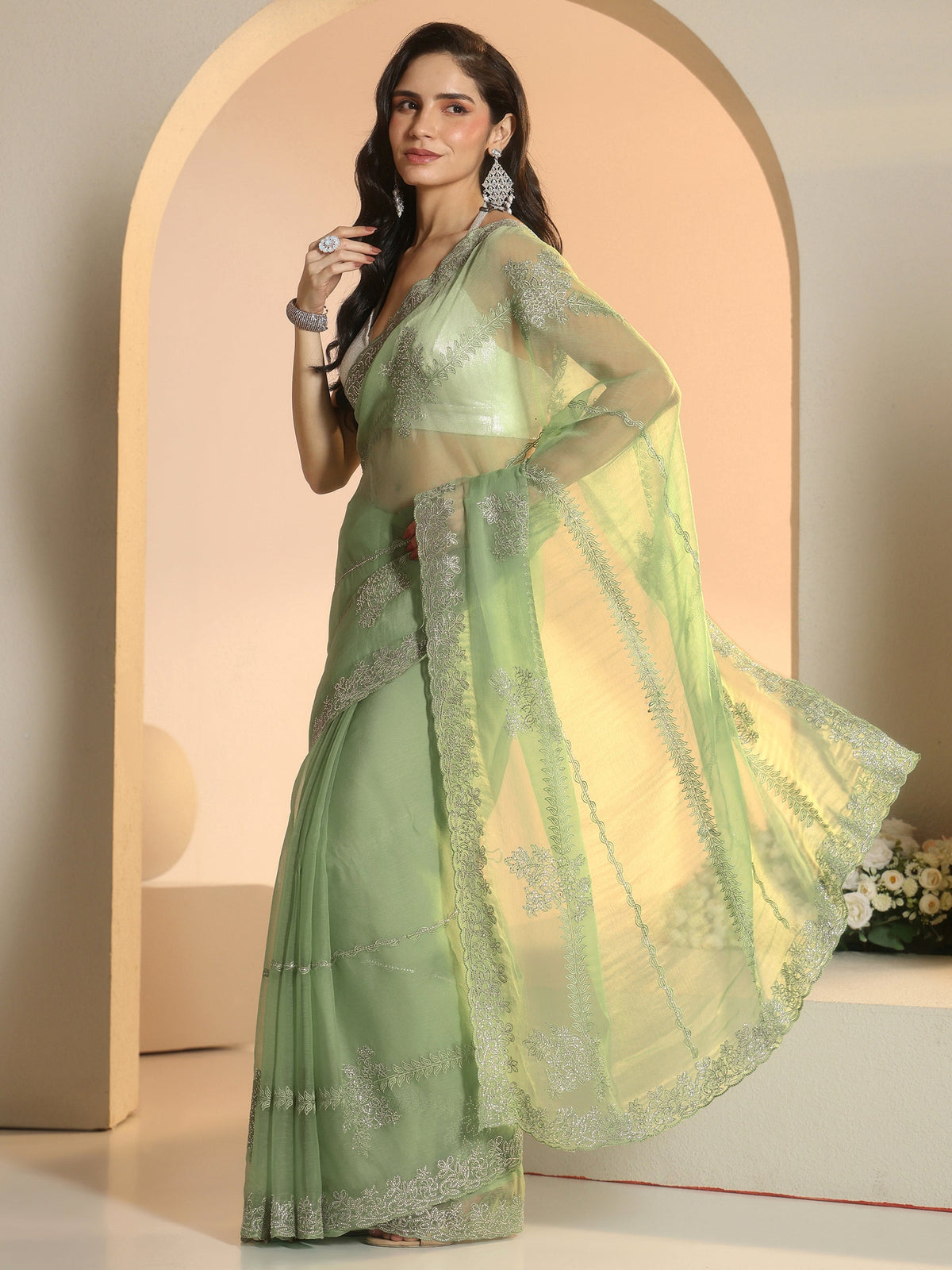 Anouk Pista Green Floral Embellished Silk Blend Saree