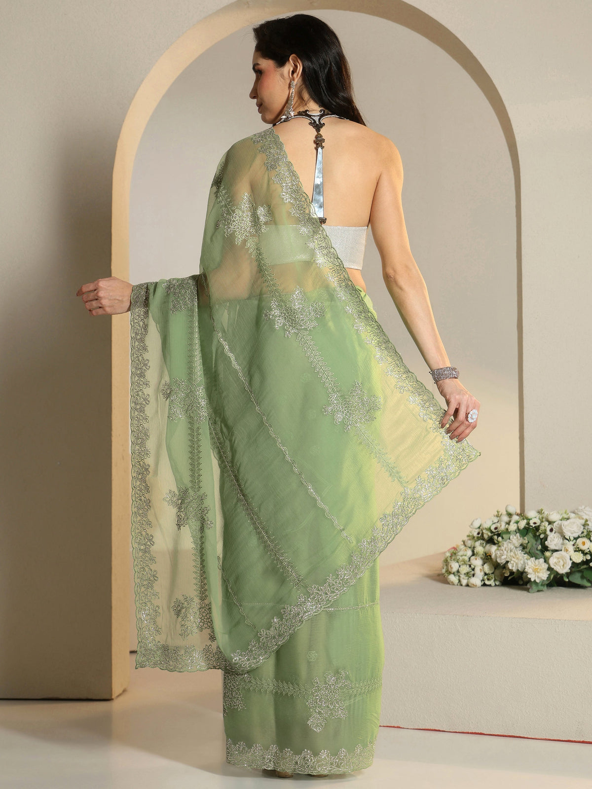 Anouk Pista Green Floral Embellished Silk Blend Saree