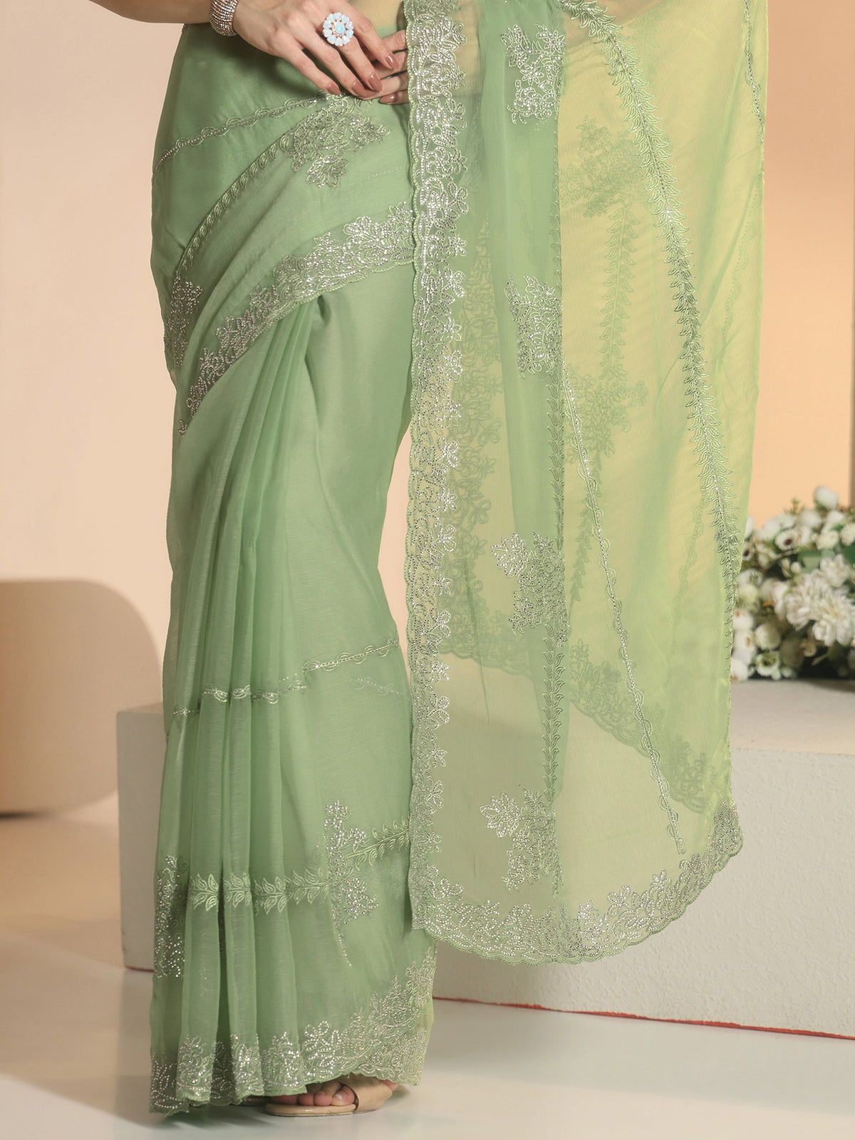 Anouk Pista Green Floral Embellished Silk Blend Saree