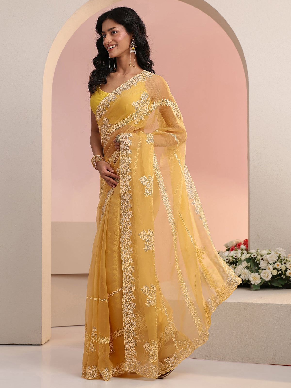 Anouk Yellow Floral Embellished Silk Blend Saree