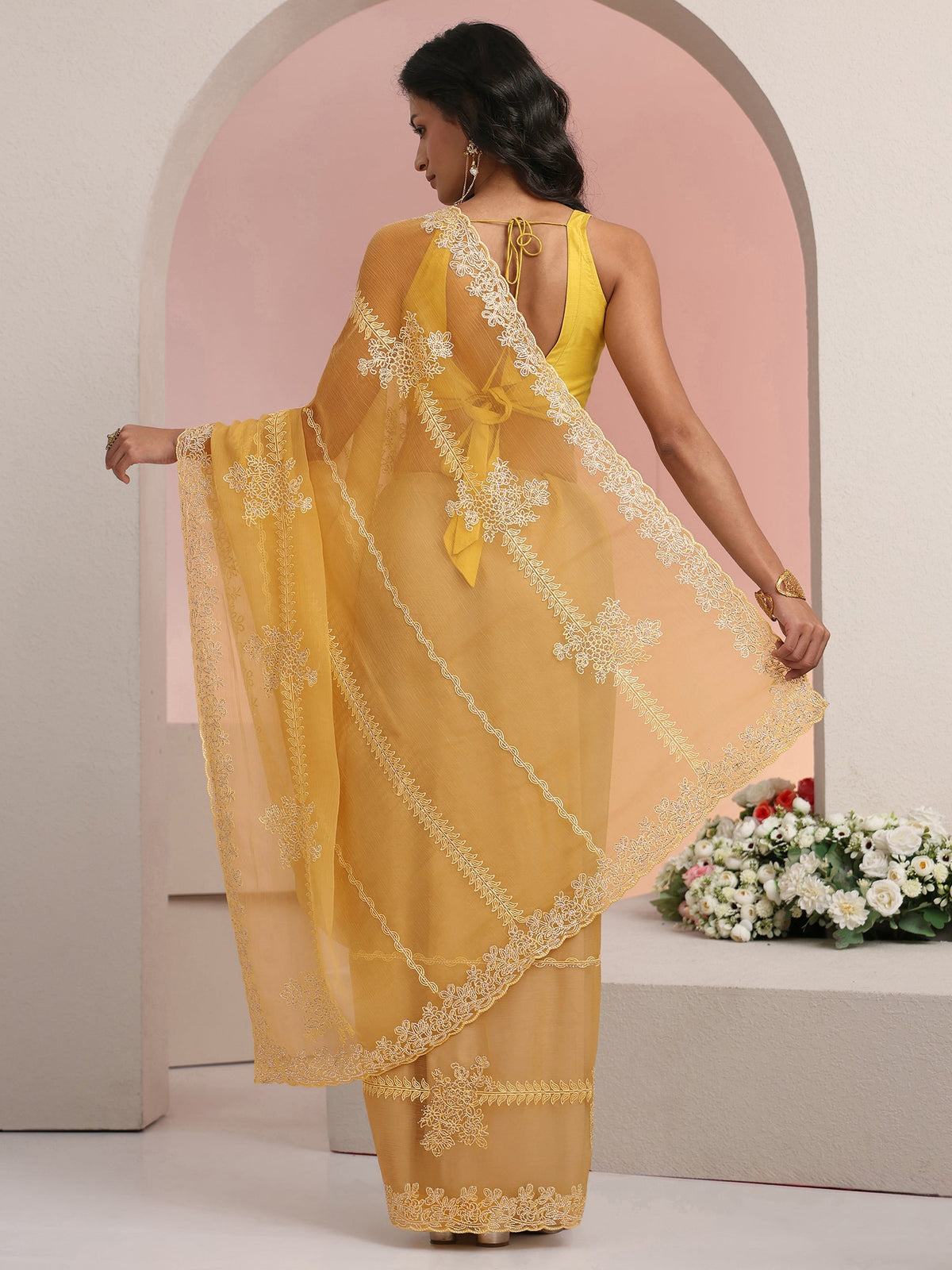Anouk Yellow Floral Embellished Silk Blend Saree