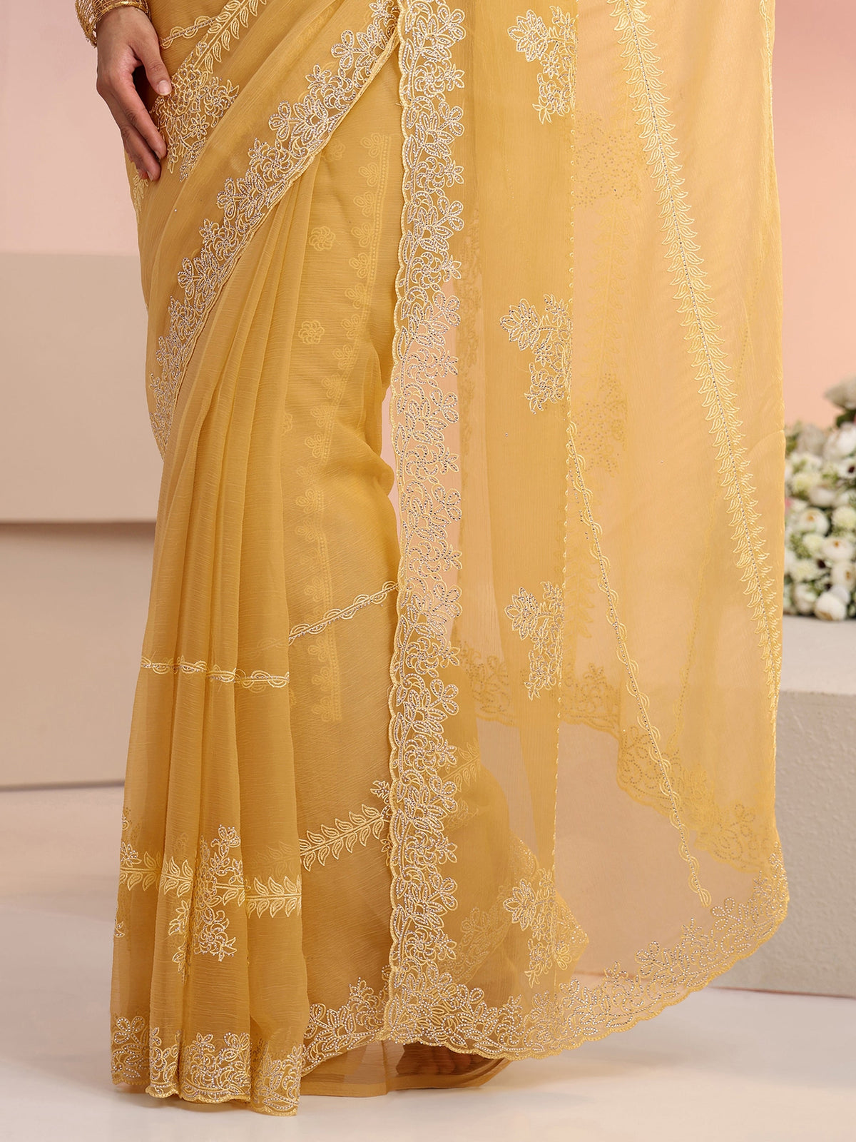 Anouk Yellow Floral Embellished Silk Blend Saree