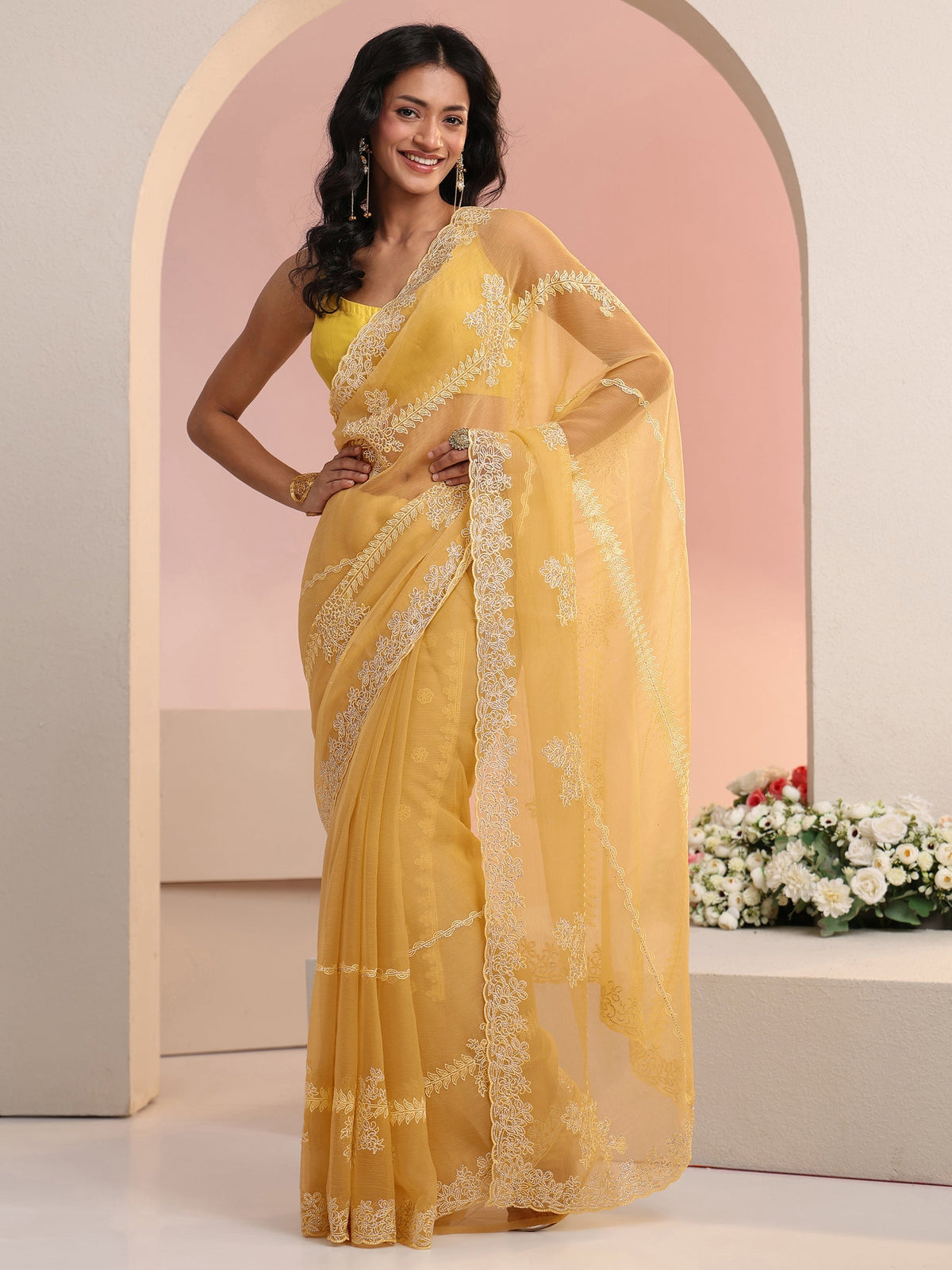 Anouk Yellow Floral Embellished Silk Blend Saree