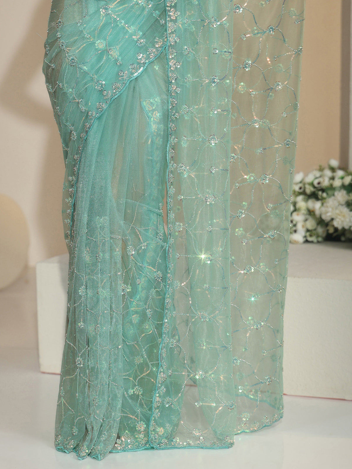 Anouk Sea Green Floral Embellished Net Saree