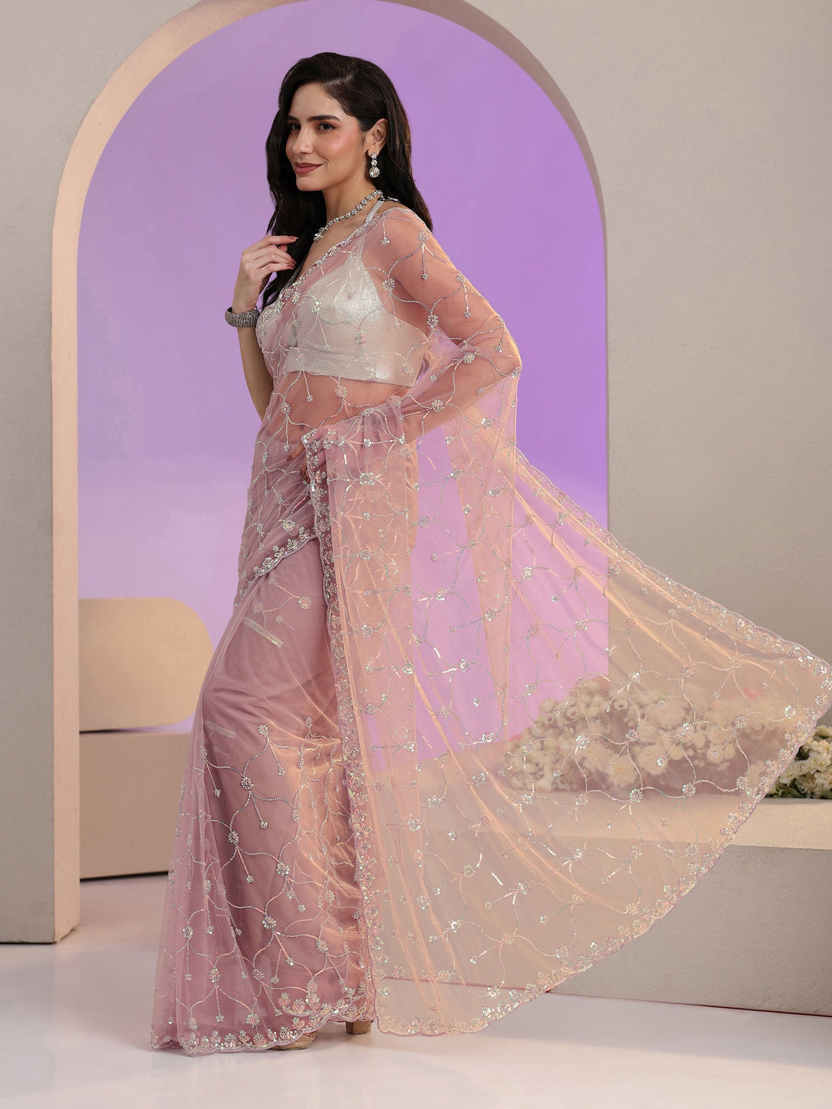 Anouk Lavender Floral Embellished Net Saree