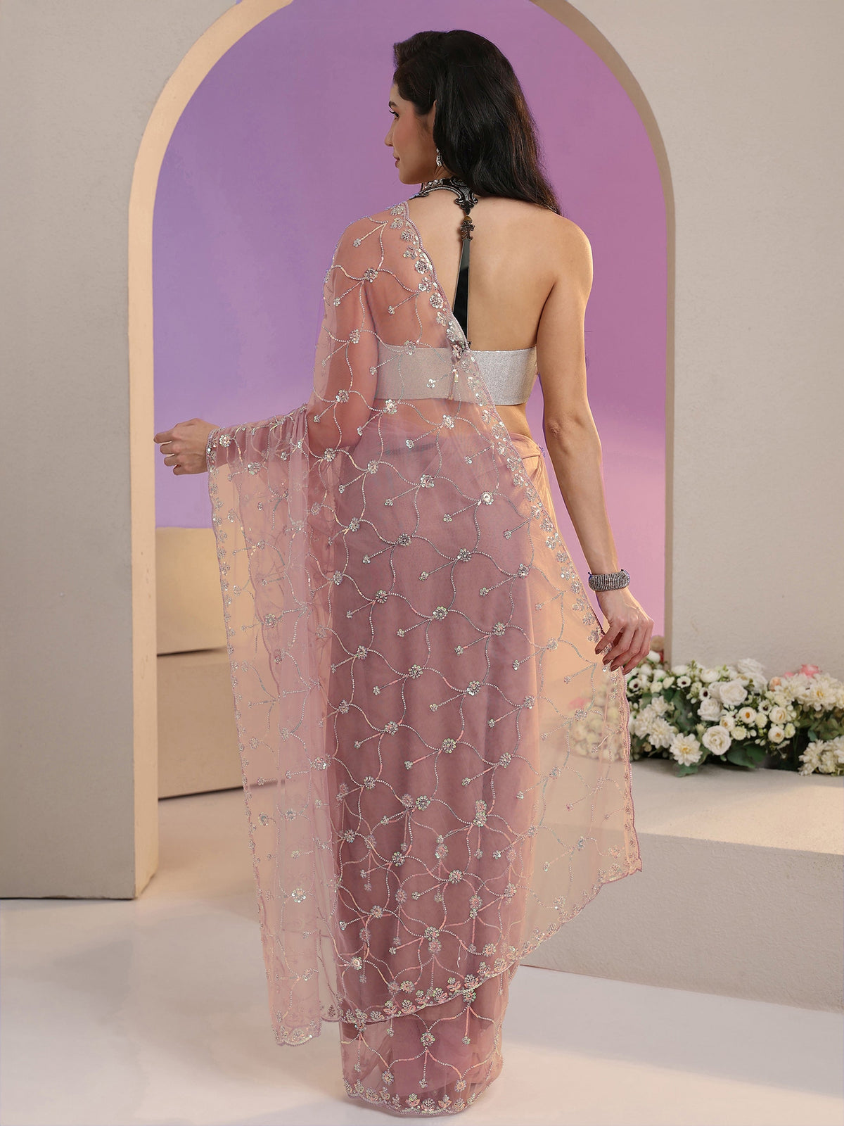 Anouk Lavender Floral Embellished Net Saree