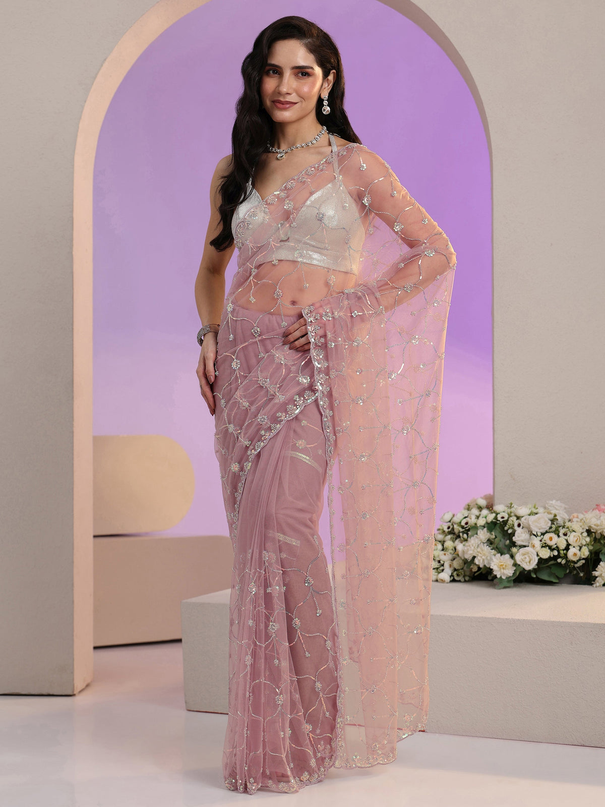Anouk Lavender Floral Embellished Net Saree