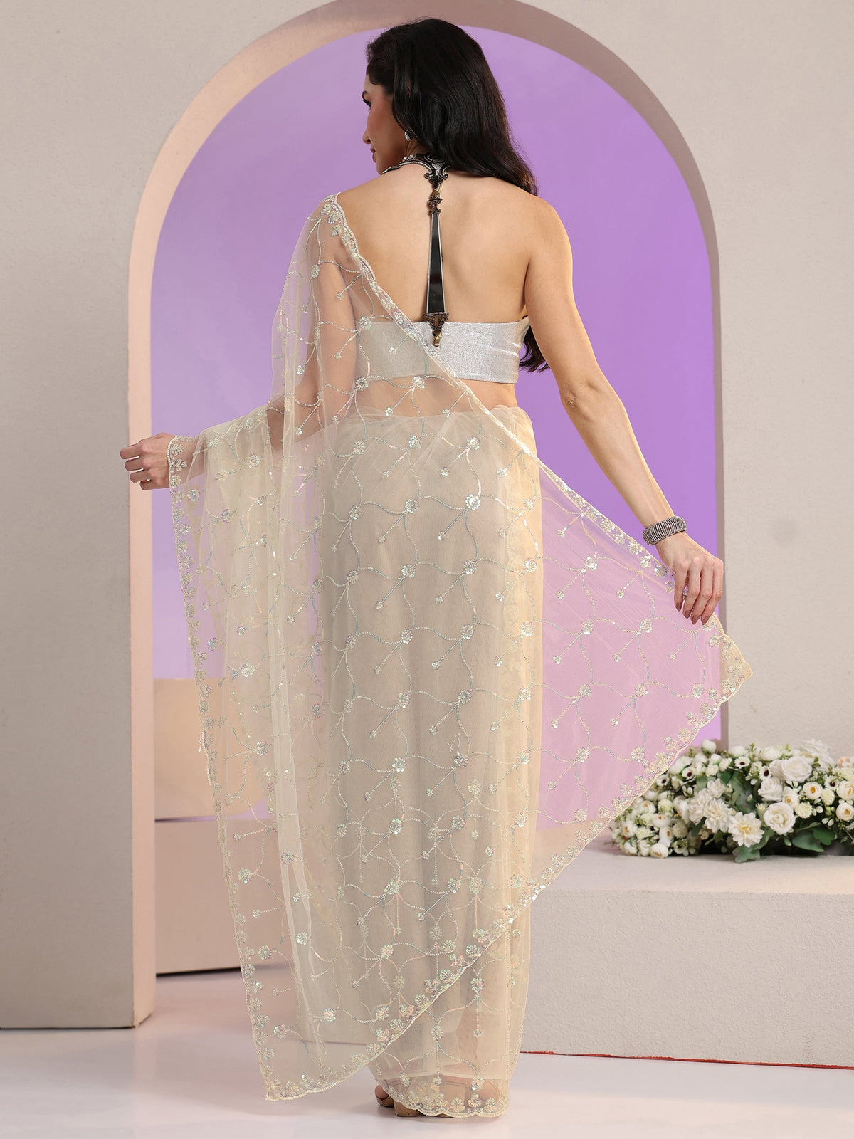 Anouk Cream Floral Embellished Net Saree