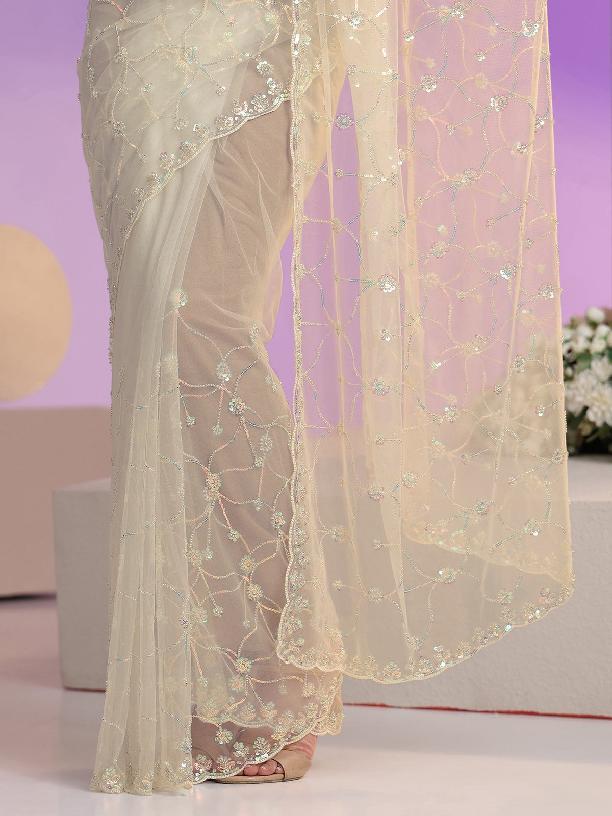 Anouk Cream Floral Embellished Net Saree