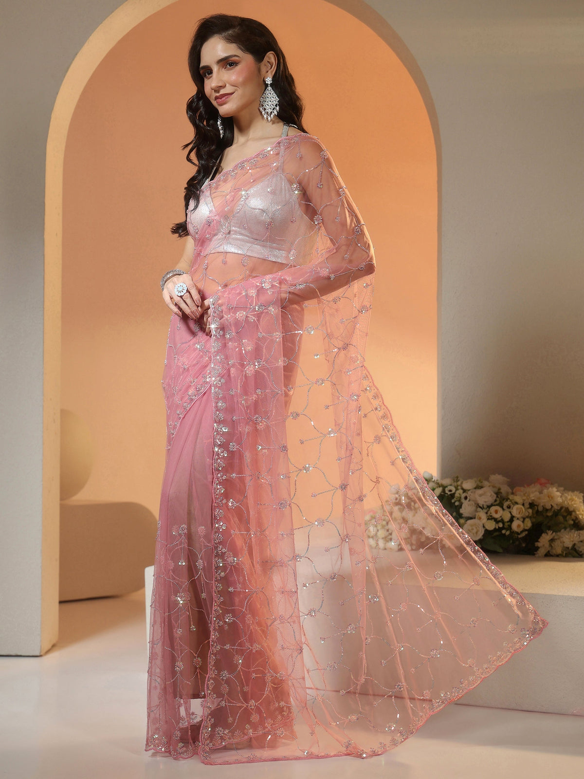 Anouk Baby Pink Floral Embellished Net Saree