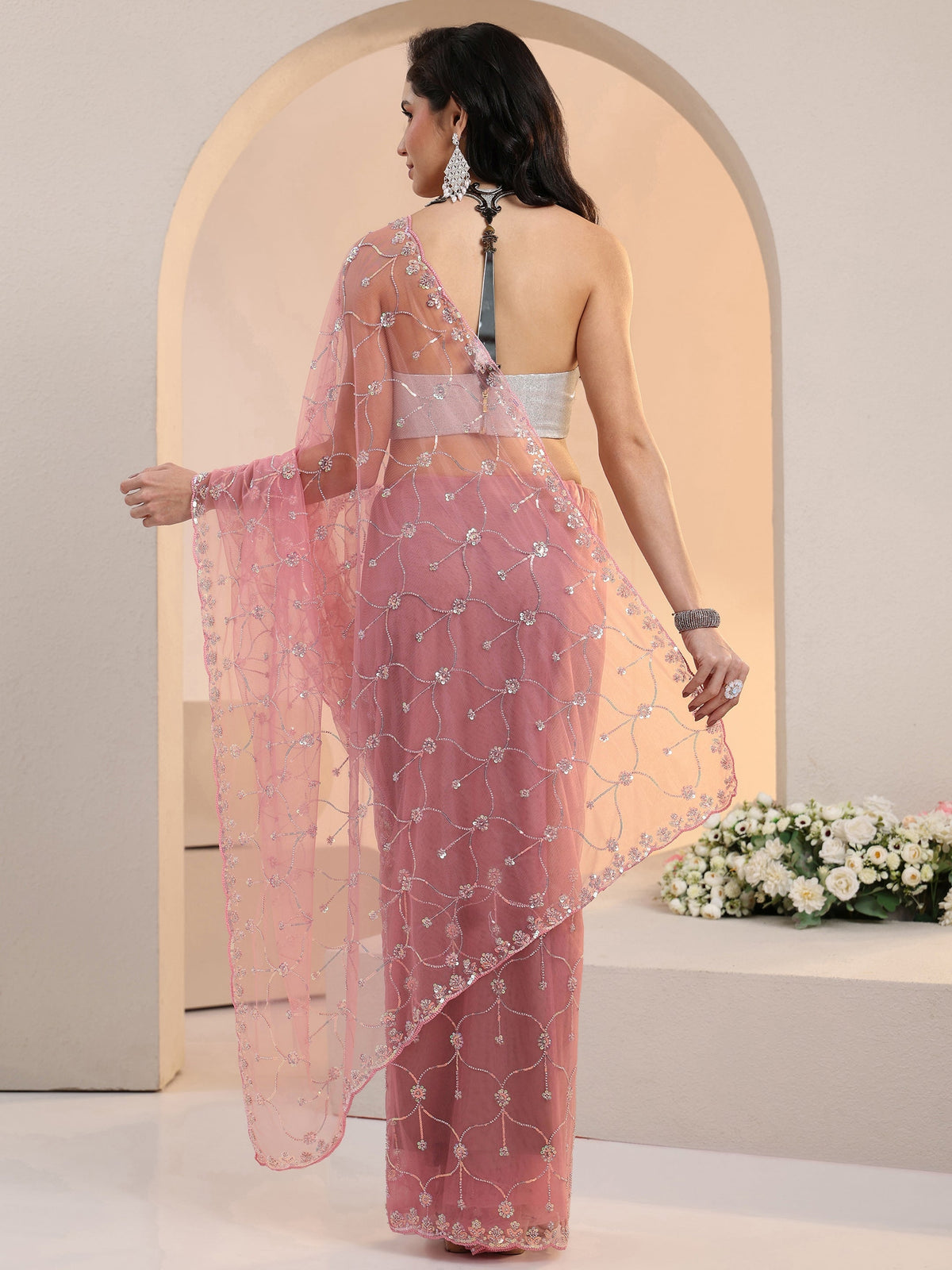 Anouk Baby Pink Floral Embellished Net Saree