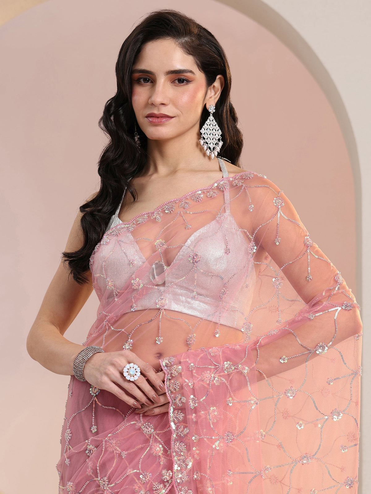 Anouk Baby Pink Floral Embellished Net Saree