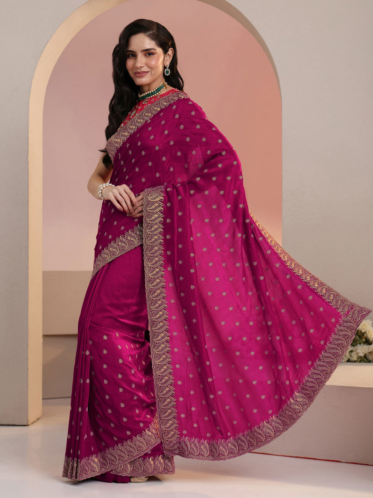 Anouk Rani Pink Embroidered Silk Blend Saree