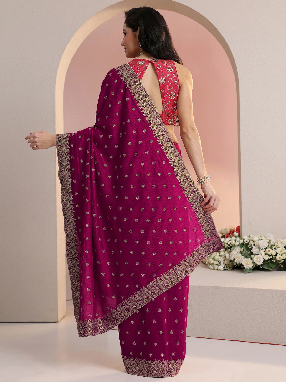 Anouk Rani Pink Embroidered Silk Blend Saree