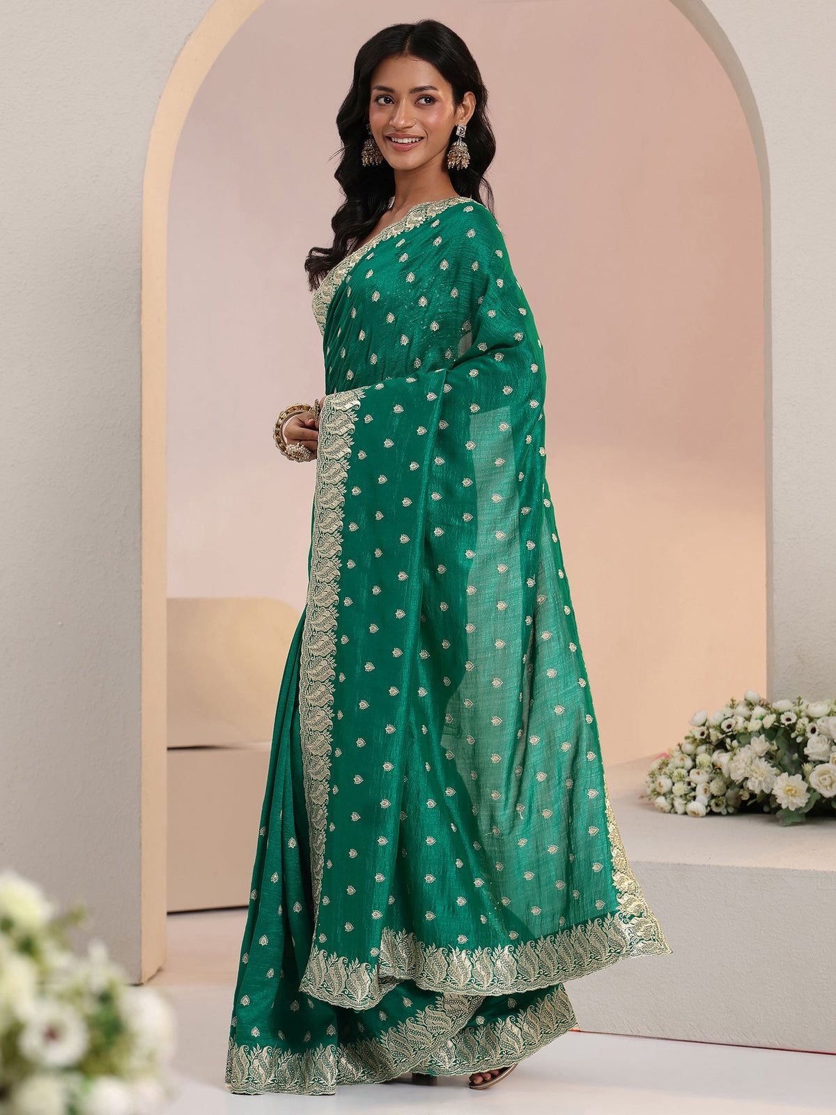 Anouk Emerald Green Embroidered Silk Blend Saree