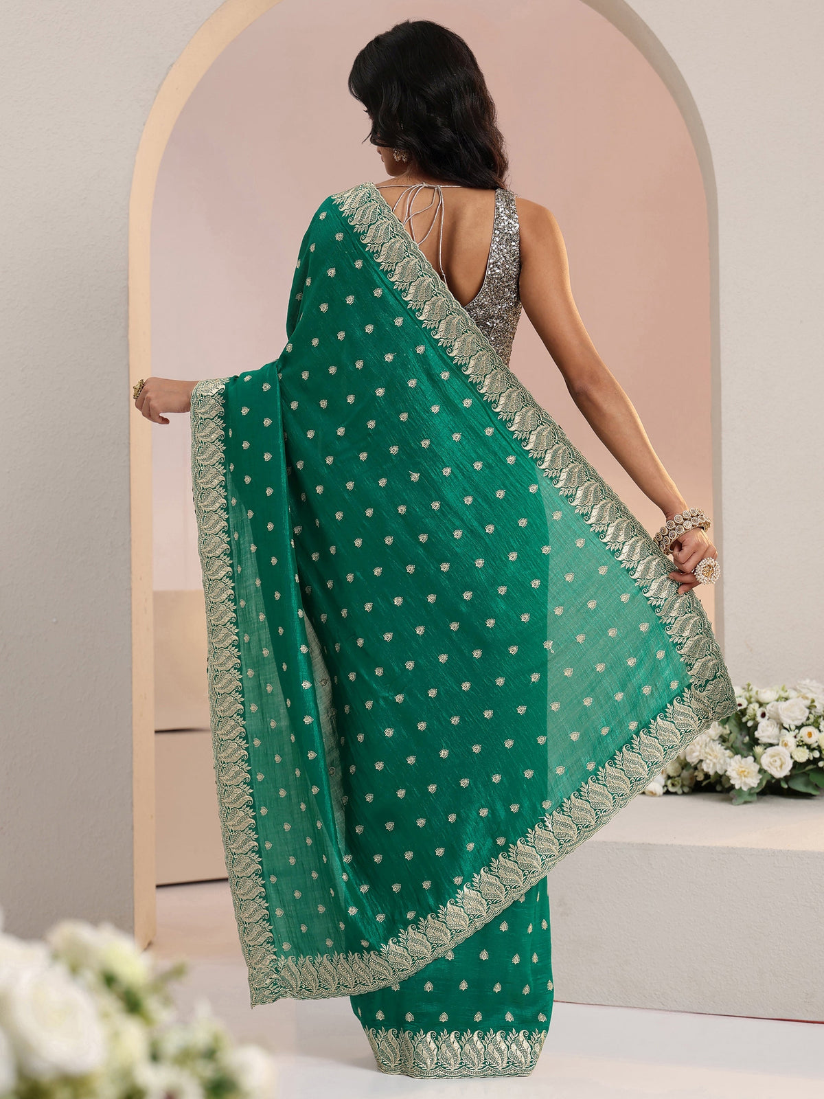 Anouk Emerald Green Embroidered Silk Blend Saree