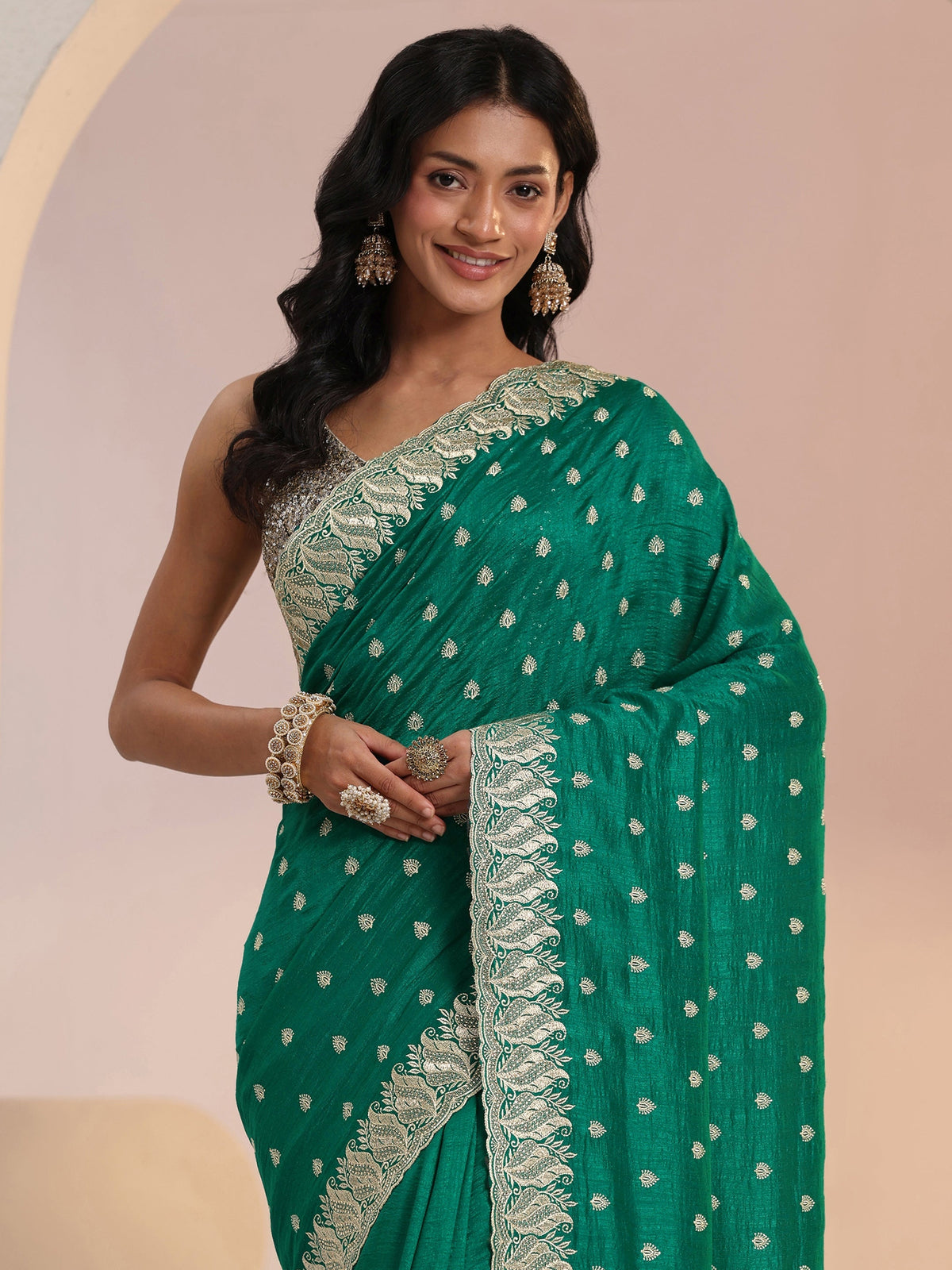 Anouk Emerald Green Embroidered Silk Blend Saree