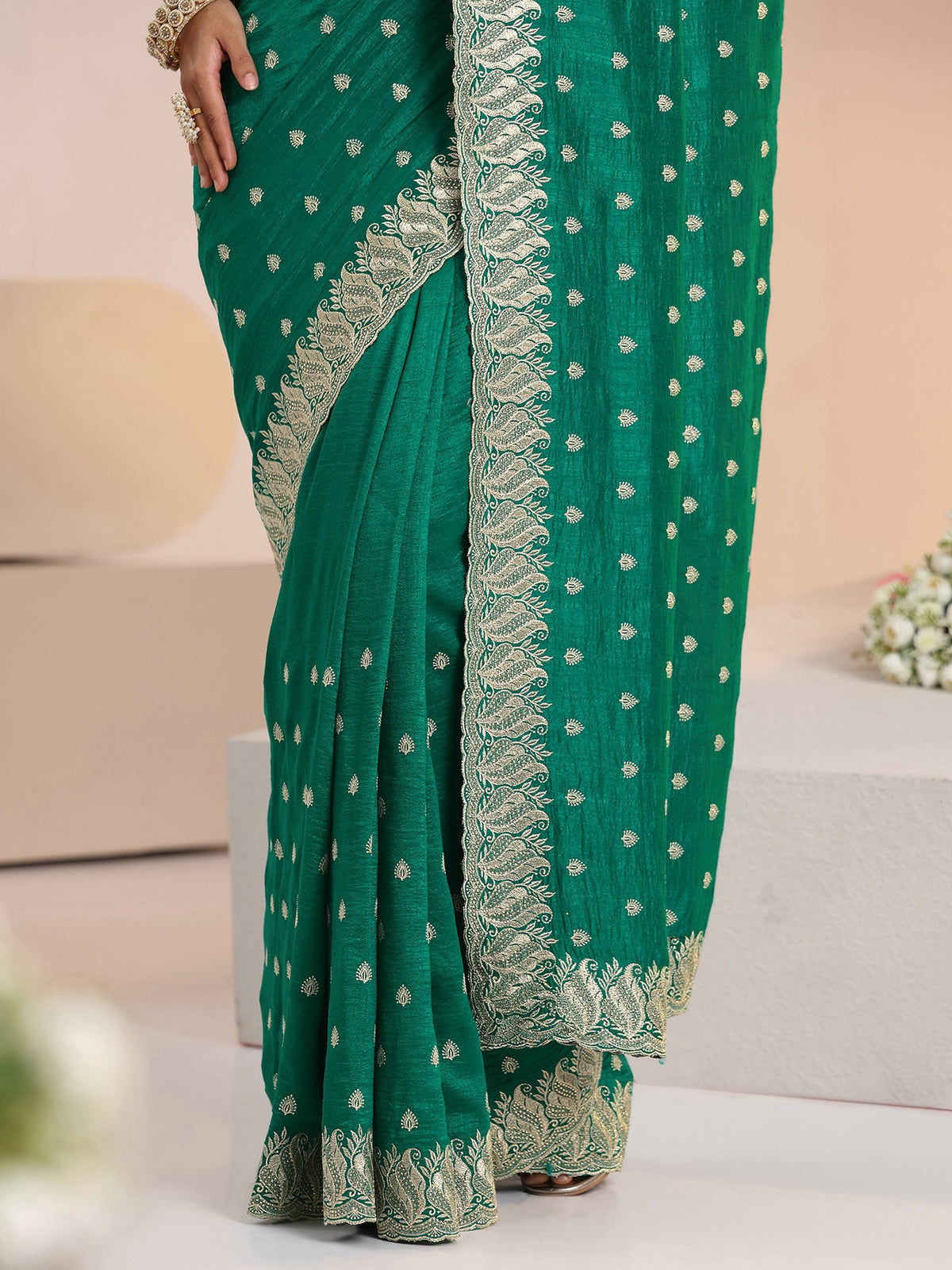 Anouk Emerald Green Embroidered Silk Blend Saree