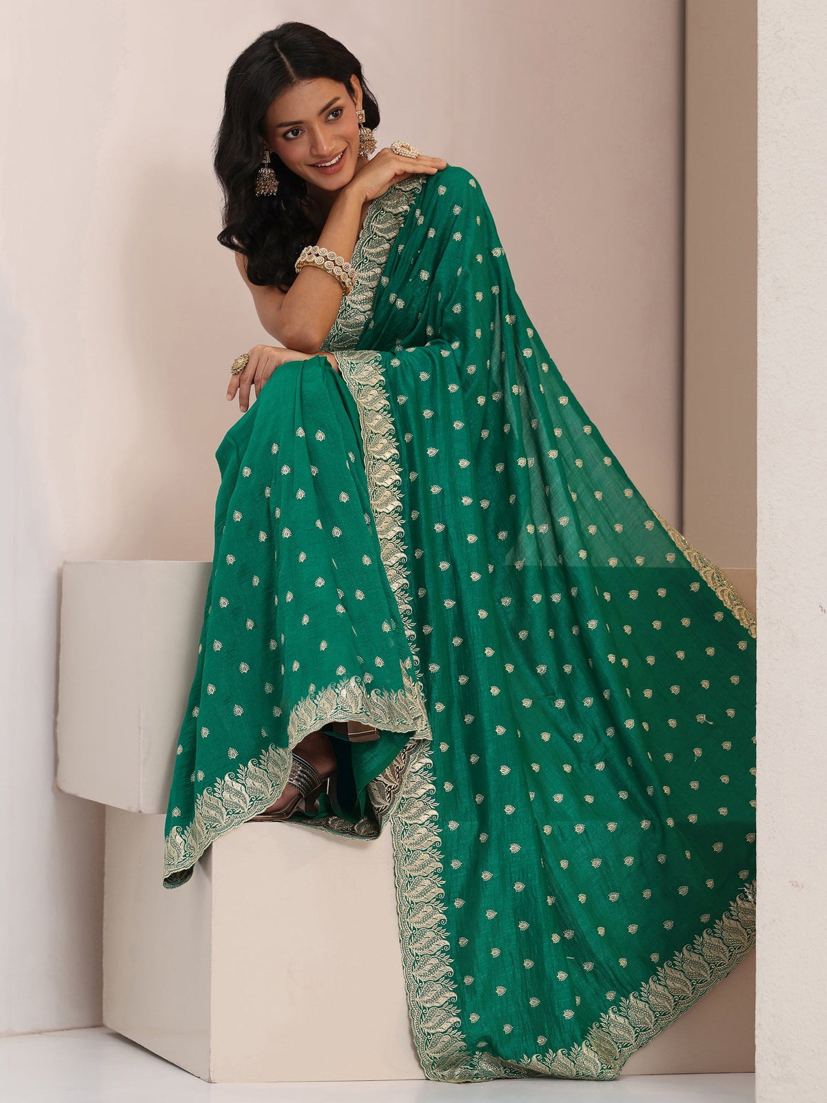 Anouk Emerald Green Embroidered Silk Blend Saree