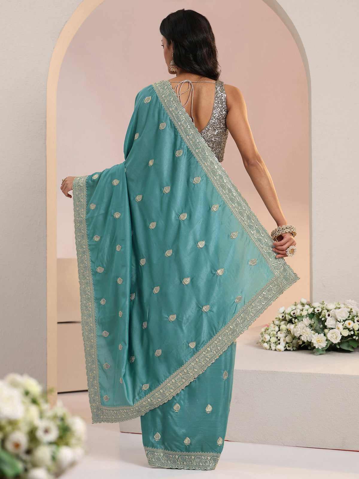 Anouk Dusty Blue Embroidered Silk Blend Saree