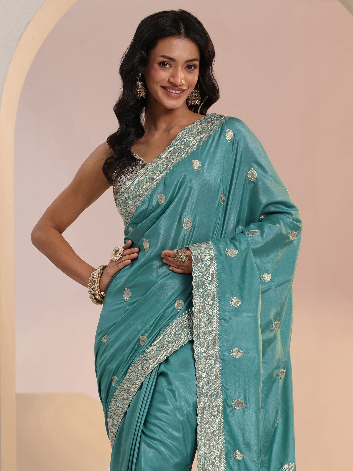 Anouk Dusty Blue Embroidered Silk Blend Saree