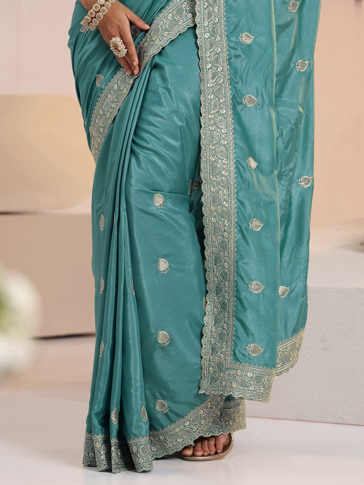Anouk Dusty Blue Embroidered Silk Blend Saree
