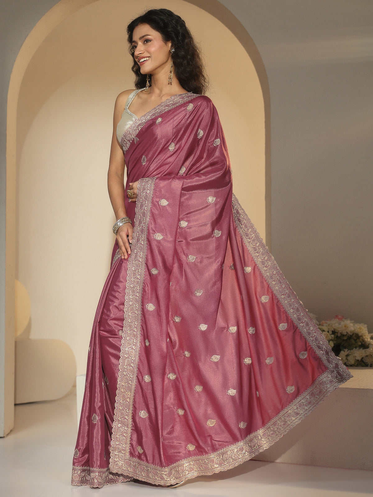 Anouk Dusty Rose Pink Zari Embroidered Silk Blend Saree