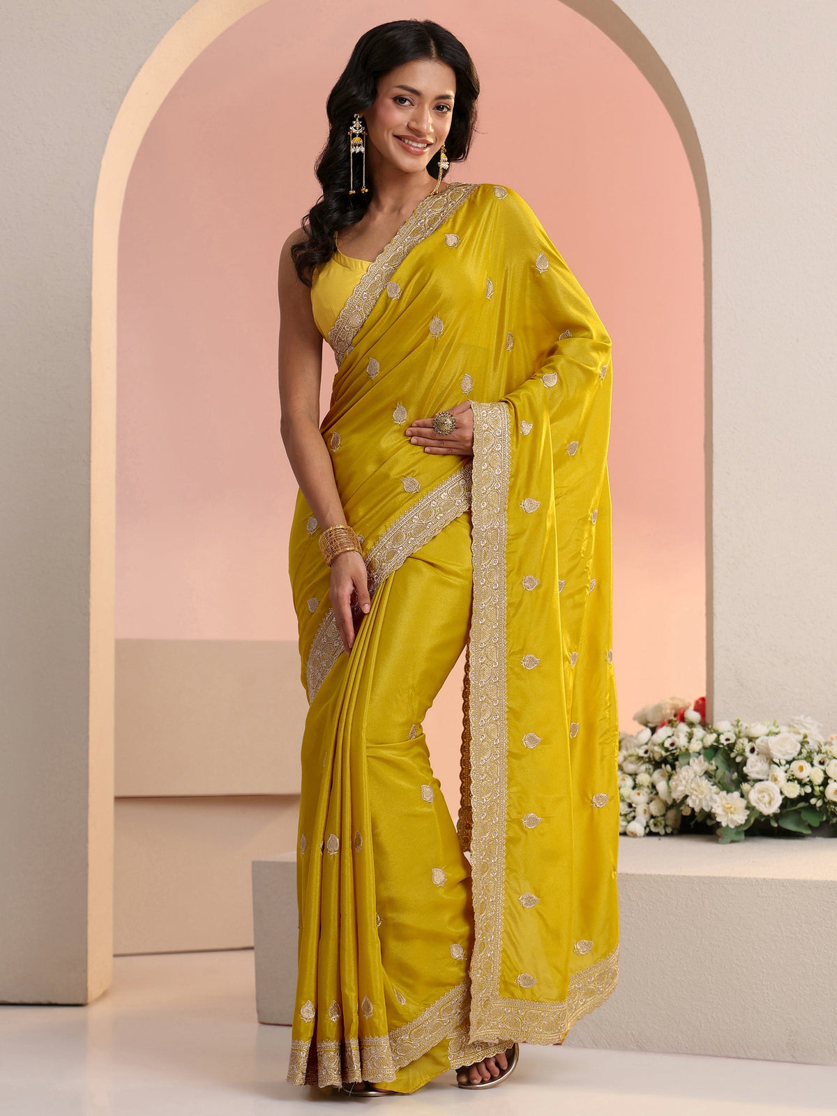 Anouk Yellow Embroidered Silk Blend Saree