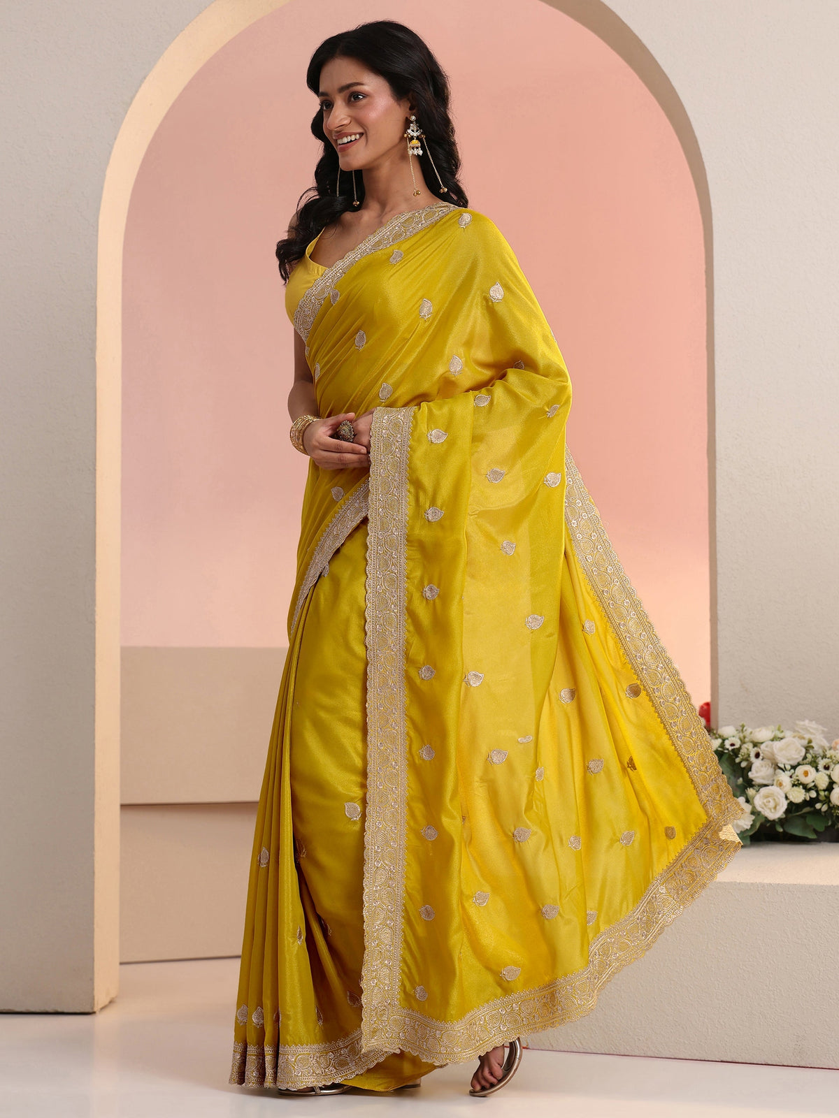 Anouk Yellow Embroidered Silk Blend Saree