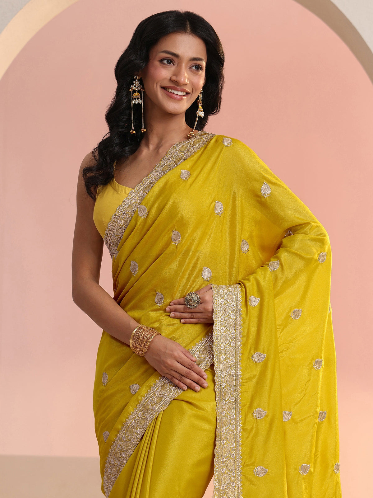 Anouk Yellow Embroidered Silk Blend Saree