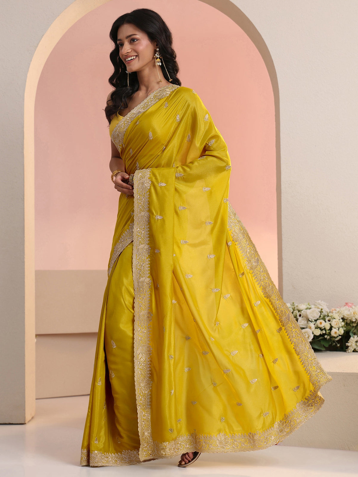Anouk Mustard Embroidered Silk Blend Saree