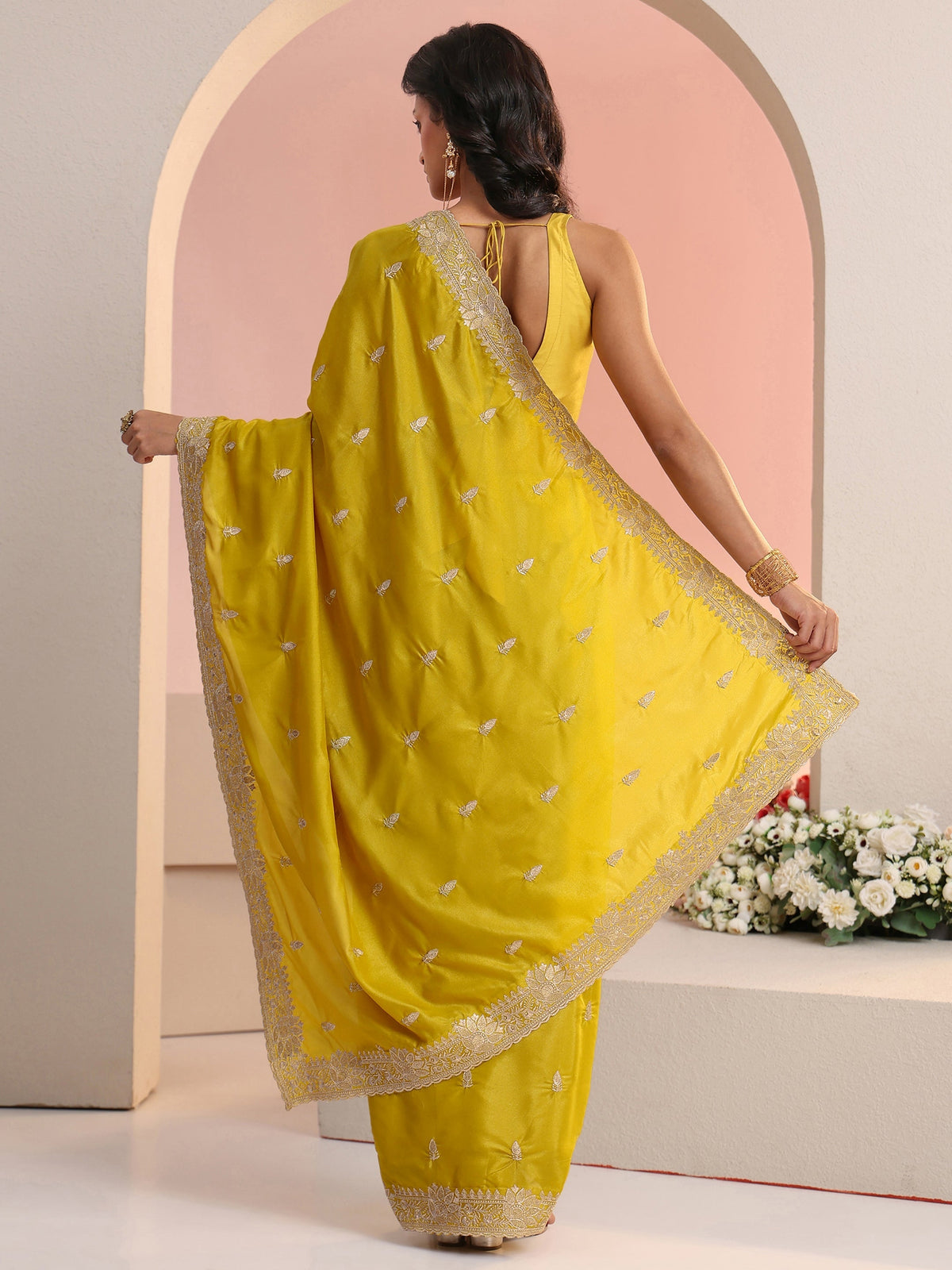 Anouk Mustard Embroidered Silk Blend Saree
