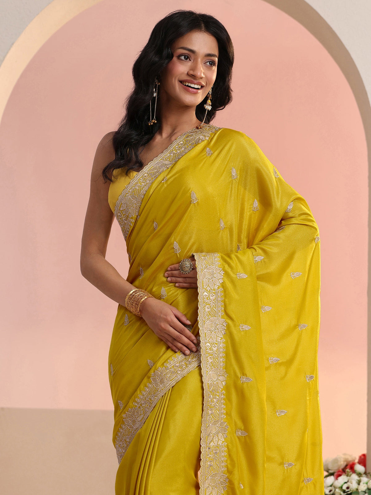 Anouk Mustard Embroidered Silk Blend Saree