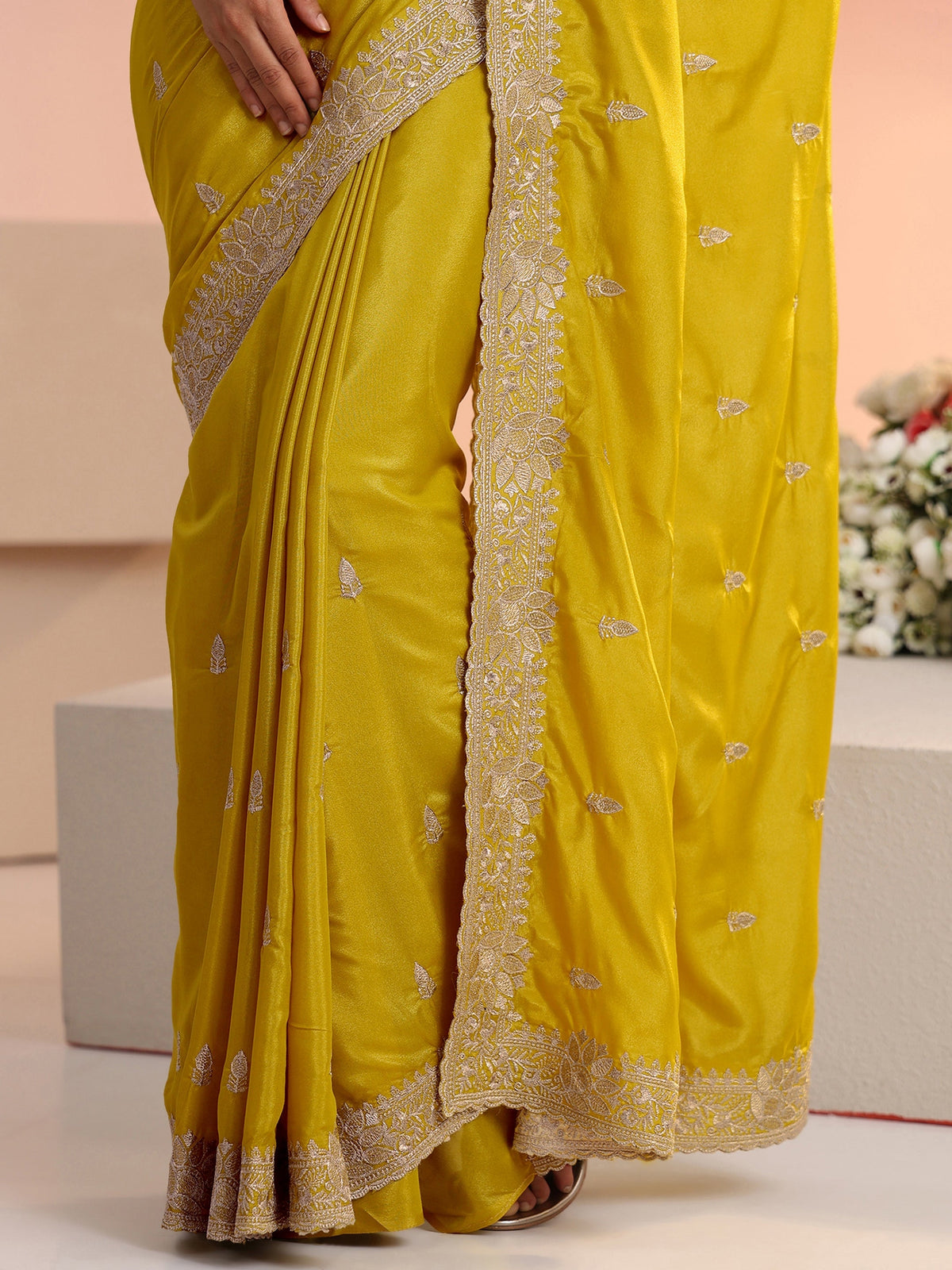 Anouk Mustard Embroidered Silk Blend Saree