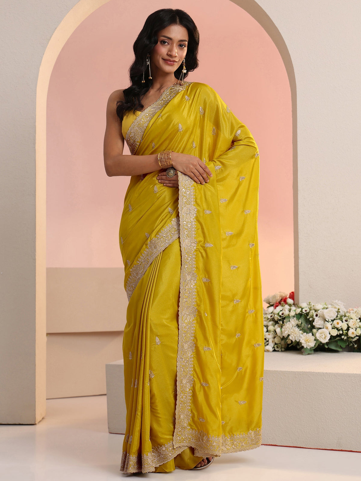 Anouk Mustard Embroidered Silk Blend Saree