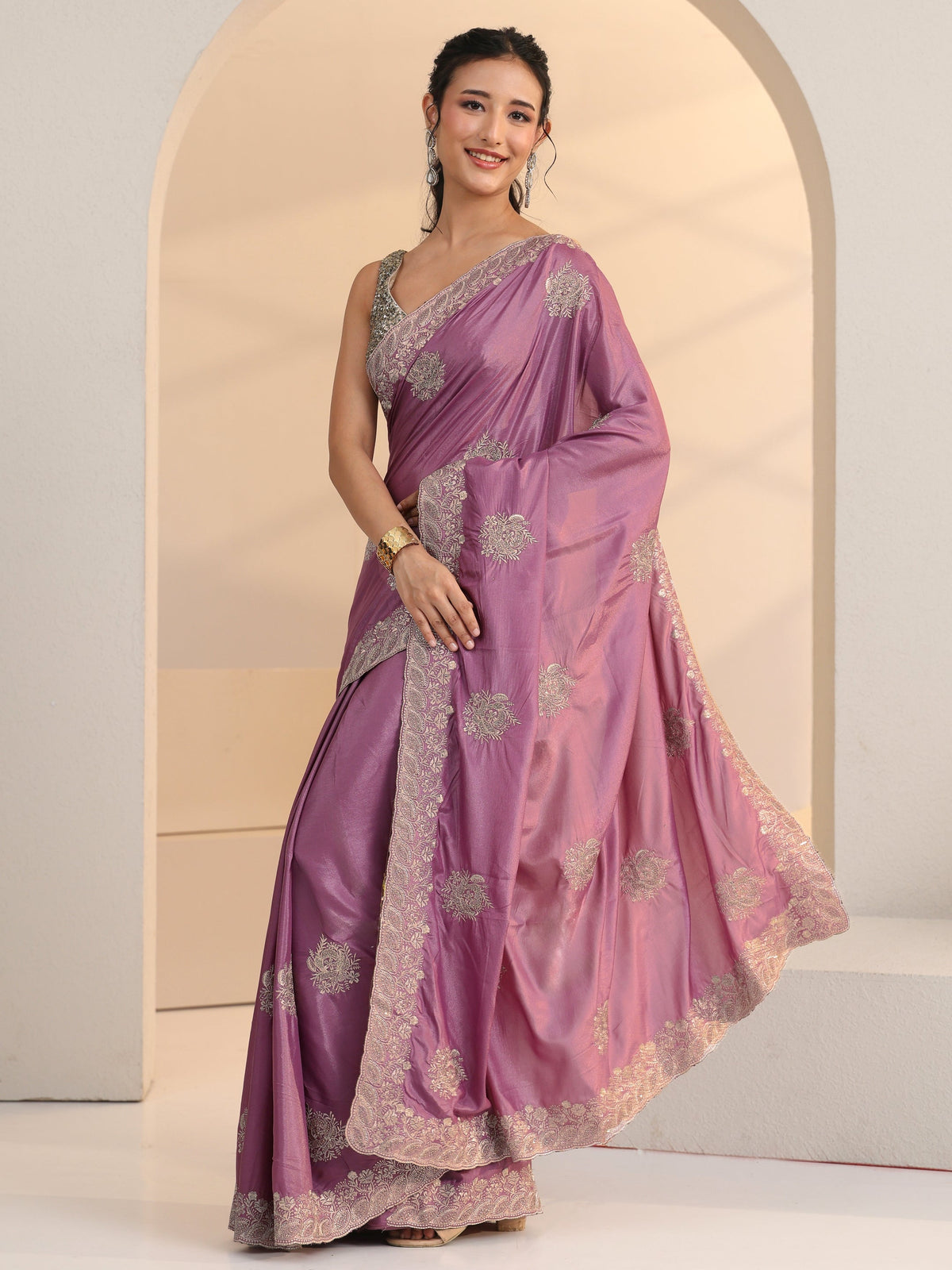 Anouk Dusty Purple Floral Embroidered Silk Blend Saree