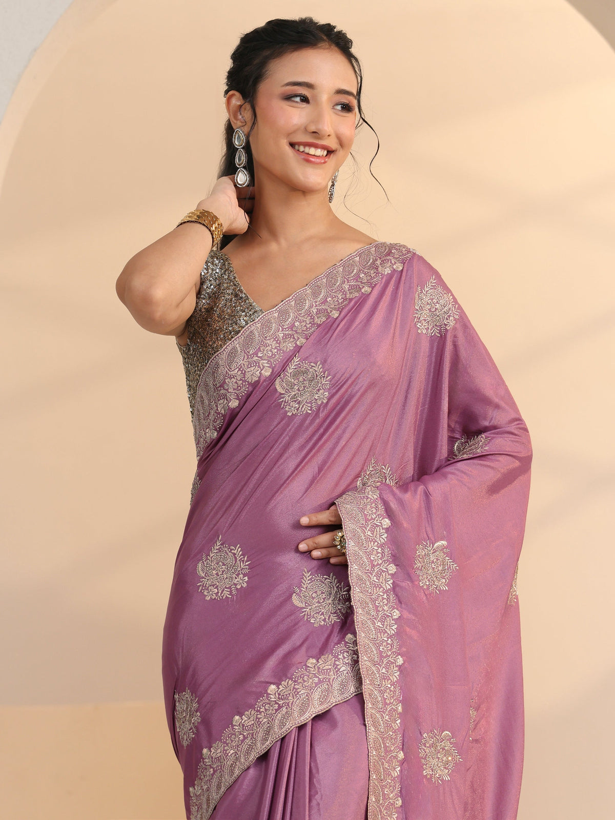 Anouk Dusty Purple Floral Embroidered Silk Blend Saree