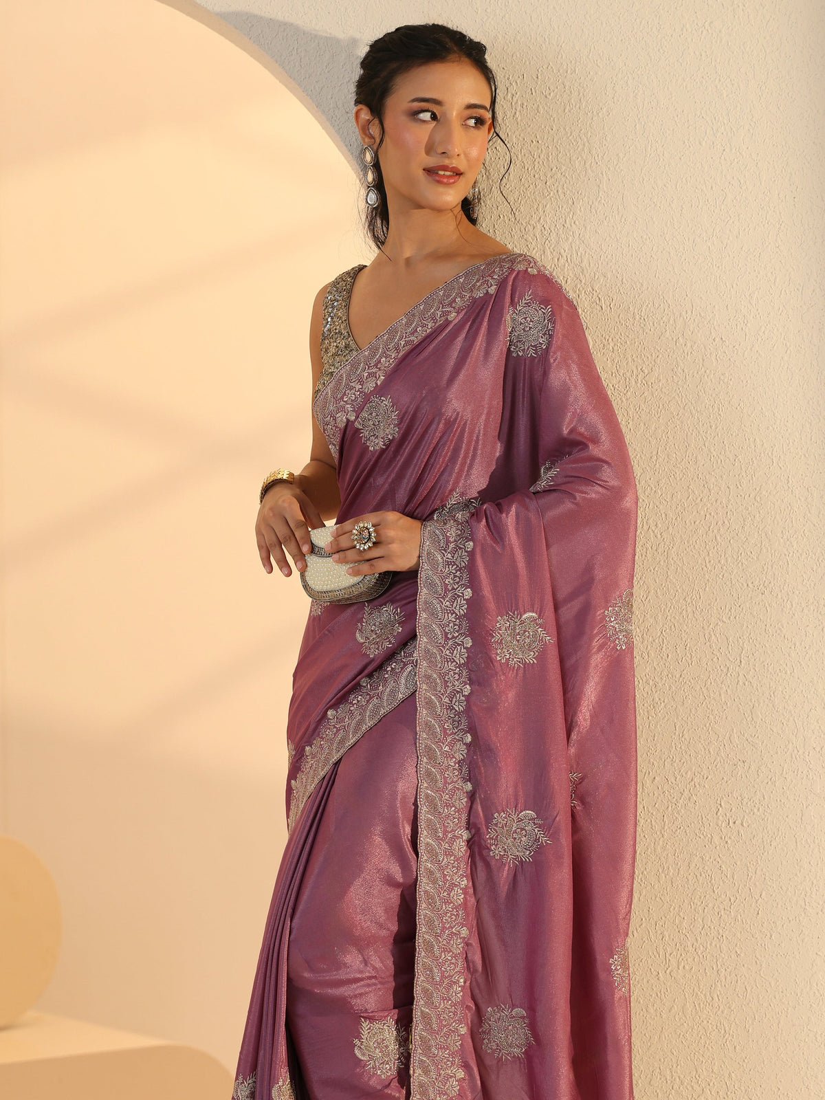 Anouk Dusty Purple Floral Embroidered Silk Blend Saree