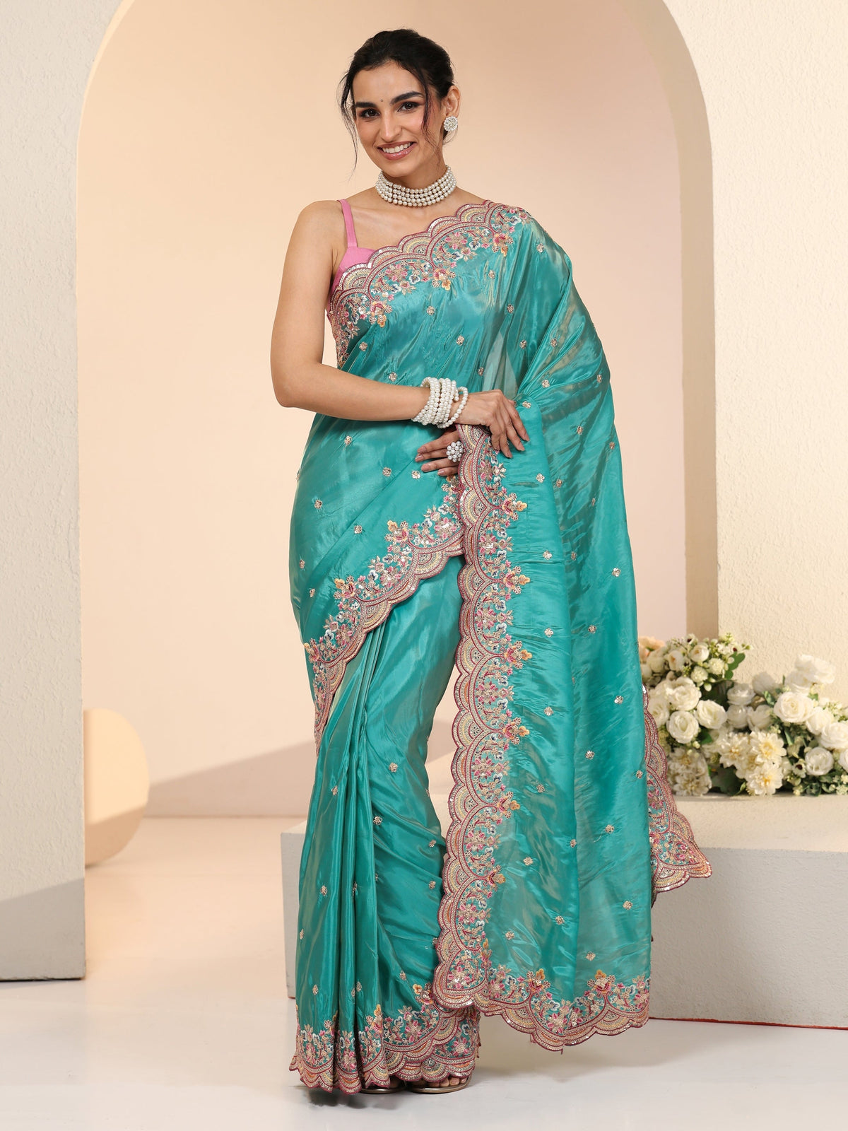 Anouk Sea Green Embellished Silk Blend Saree