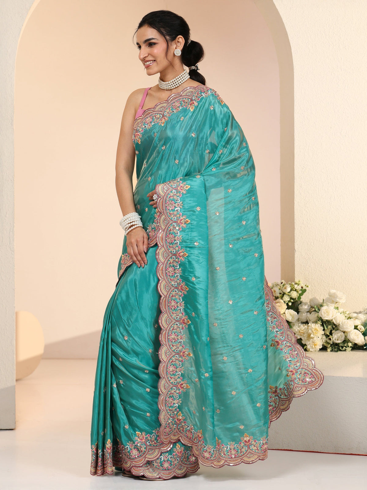 Anouk Sea Green Embellished Silk Blend Saree