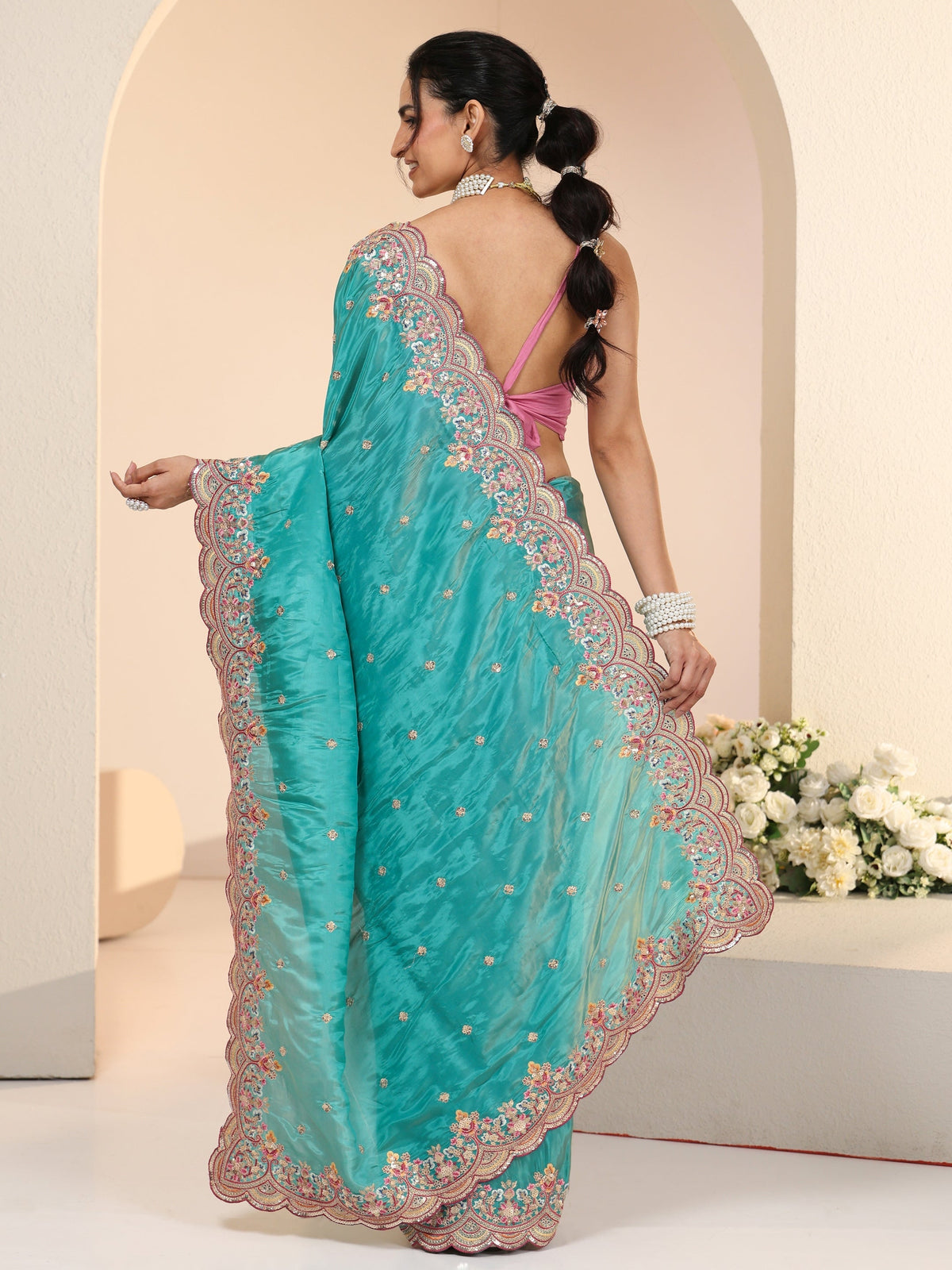 Anouk Sea Green Embellished Silk Blend Saree