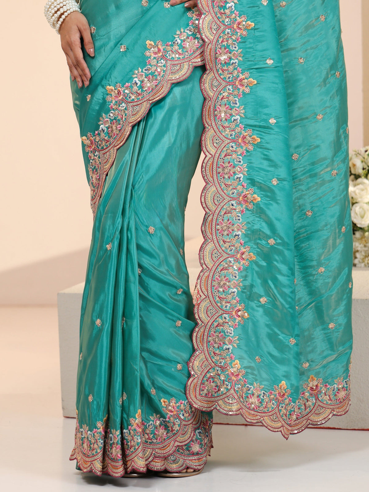 Anouk Sea Green Embellished Silk Blend Saree