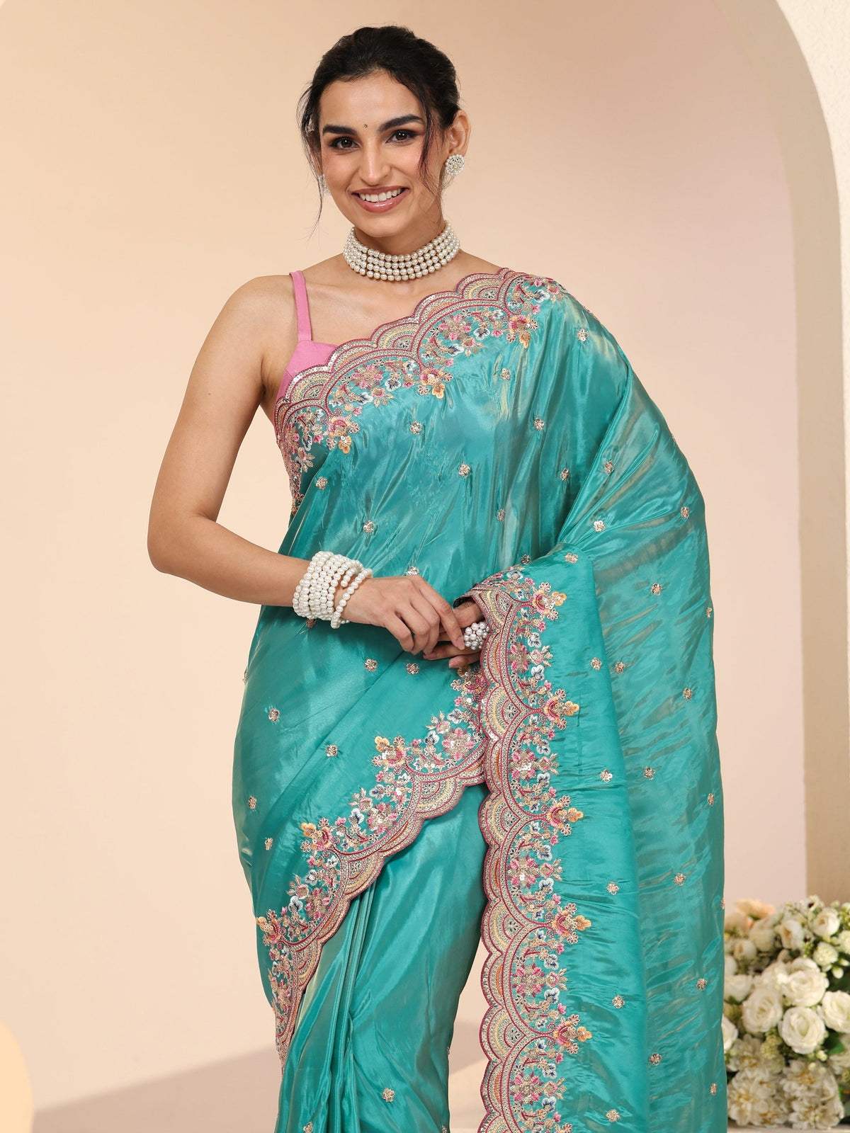 Anouk Sea Green Embellished Silk Blend Saree