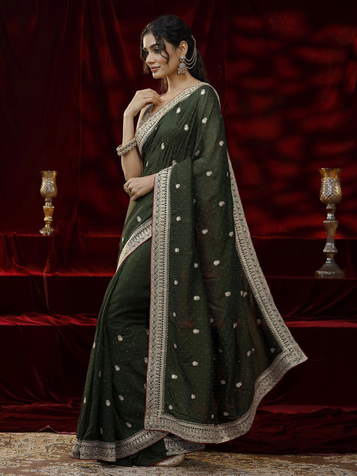 Anouk Green Floral Embroidered Silk blend Saree