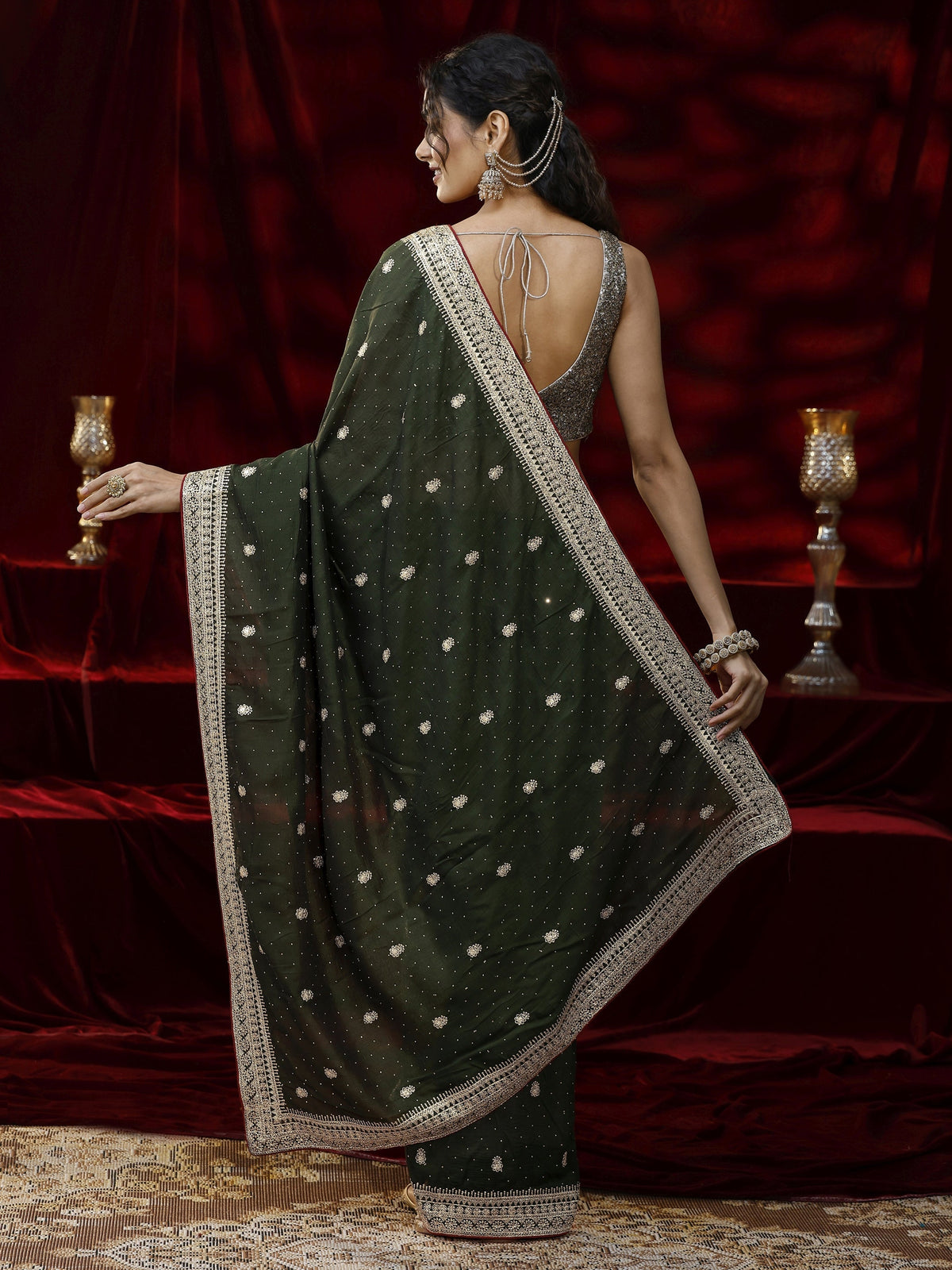 Anouk Green Floral Embroidered Silk blend Saree