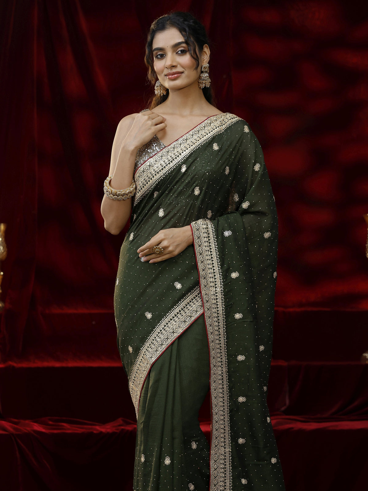 Anouk Green Floral Embroidered Silk blend Saree